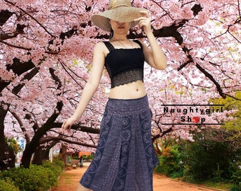 Pikalda-Navy Blue Cotton Capri Pants: Comfy Boho Wide Leg Trousers LCW8