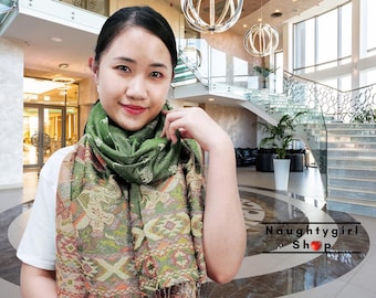Pikalda-Elephant Pashmina Scarf: Green Comfy Boho Blanket Wrap PK008