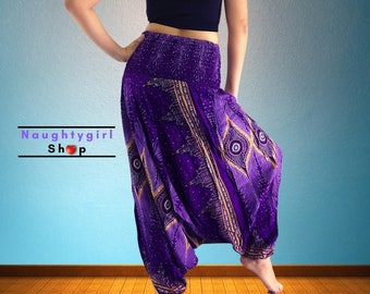 Pantalones harén morados Pikalda: pantalones bohemios cómodos de rayón Aladdin para yoga HP13