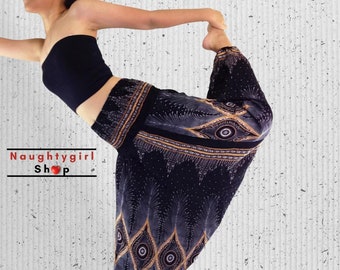 Schwarze Haremshose Frauen, Boho Kleidung, Yogahose, Hose mit tiefem Schritt, Zigeunerhose, Jumpsuit, bequeme Loungewear, Pfauenfeder, HP49