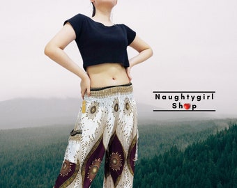 Women Trouser,Thai Pants,Yoga Pants,Aladdin Pants,Maxi Pants,Boho Pants,Gypsy Pants,Rayon Pant Hippie Pants,Trouser Peacock White (TS337)