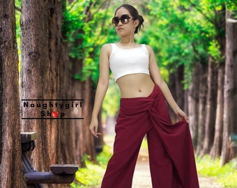 Pikalda-Red Cotton Pants,Women Clothing,Wide Leg Festival Wear Trouserss Comfy Unique Party Pants