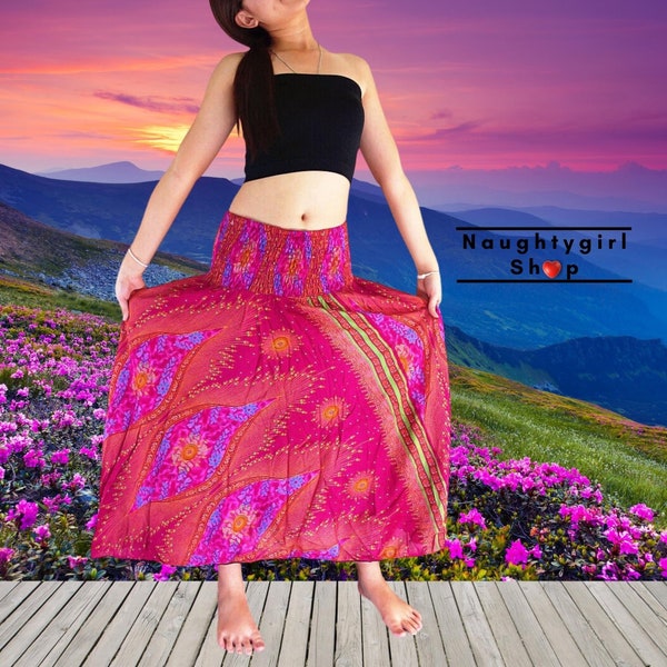 Women Maxi Dress,Gypsy Dress Skirt,Rayon Dress,Skirt Boho Dress,Hippie Dress,Summer Beach Dress Skirt Clothing Flower Hot Pink (DS48)
