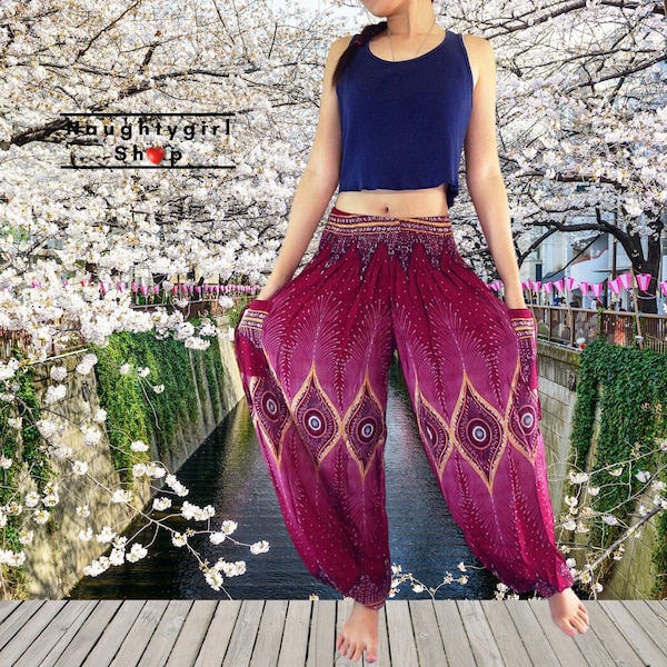 Women Clothing,Trouser Pants Yoga Pants,Aladdin Pants,Thai Pants,Boho Pants,Gypsy Pants,Rayon Pants,Clothing  Trouser Red Pink (TS54)