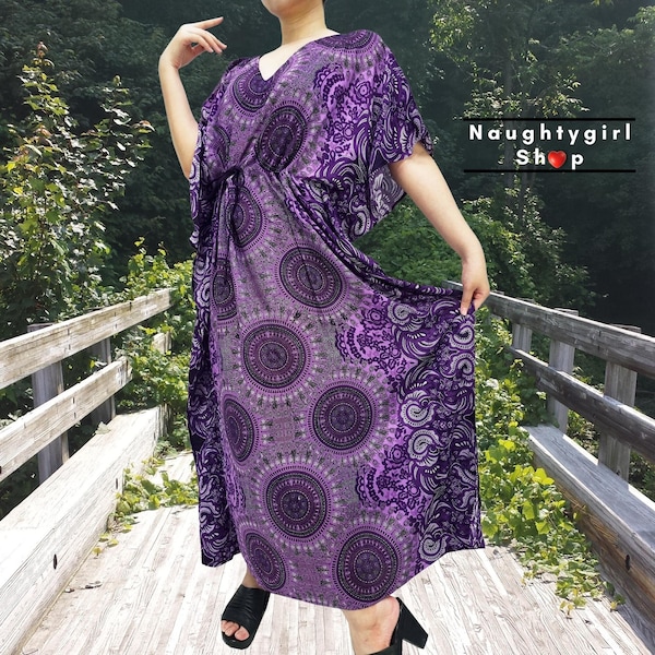 Caftan en rayonne pourpre, caftan de plage, robe longue taille grande à col en V, robe longue tunique, couverture de plage, vêtements bohèmes cache-cœur imprimés, Mandala KPL42