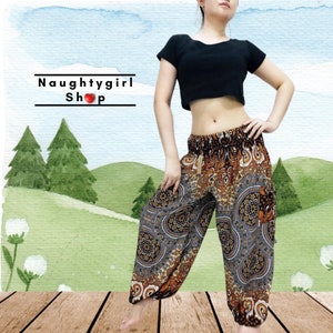 Women Trouser,Thai Pants,Yoga Pants,Aladdin Pants,Maxi Pants,Boho Pants,Gypsy Pants,Rayon Pants,Hippie Trouser Flower Brown Beige (TS343)