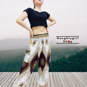 Women Trouser,Thai Pants,Yoga Pants,Aladdin Pants,Maxi Pants,Boho Pants,Gypsy Pants,Rayon Pant Hippie Pants,Trouser Peacock White (TS337)
