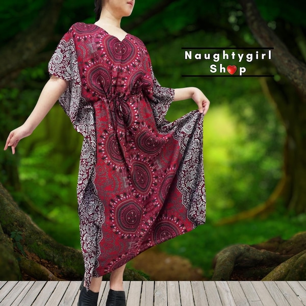 Red Rayon Kaftan,Beach Kaftan,Plus Size V neck Long Dress,Maxi Dress Tunic Beach Cover,Up Printed Wrap Boho Clothing,Mandala KPL33