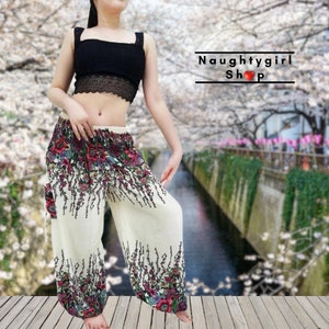 Cream Flower Women Pants Yoga Pants,Aladdin Pants,Maxi Pants,Boho Pants,Gypsy Pants,Rayon Pants,Viscose Pants,Hippie Pants,Trouser (TS64)