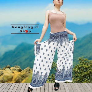 Harem Pants,Women,Pants Yoga Pants,Long Pants,Wide leg Pants Palazzo Pants,Boho Pants,Gypsy Pants,Hippy Trouser Paisley White & Blue (TSW24)