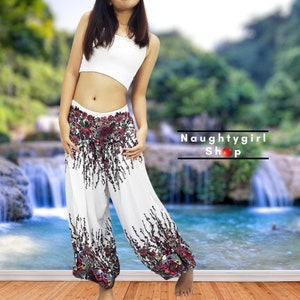 White Flower Harem Pants,Women,Yoga Pants,Aladdin Pants,Maxi Pants,Boho Pants,Gypsy Pants,Rayon Pants,Viscose Pants,Trouser Unqiue SRT@25