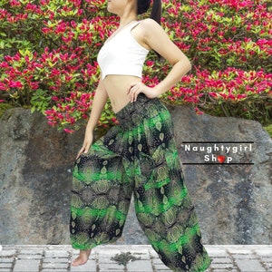 Women Trouser,Pants Yoga Pants,Aladdin Pants,Thai Pants,Baggy Pants,Gypsy Pants,Rayon Pants,Clothing  Hippie Pant Trouser Green Black(TS191)