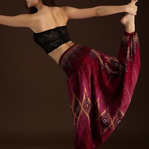 Pikalda-Peacock Rayon Harem Pants: Comfy Boho Hippie Loungewear HP28 Red