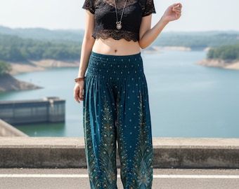 Pikalda-Rayon Haremshose: Türkisfarbene, bequeme Boho-Hose im thailändischen Stil, Aladdin-Yoga-Festival-Look TSE16