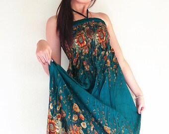 Women Maxi Dress Gypsy Dress Boho Dress Hippie Dress Summer Beach Dress Long Dress Party Dress Clothing Flower Printed Green Teal(DL31)