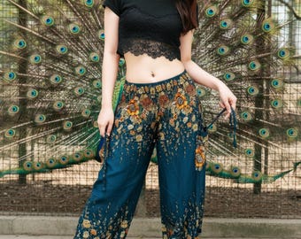 Pikalda-Petrol Green Floral Harem Pants: Rayon Palazzo Comfy Boho Trousers TSW45