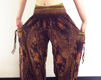 Harem Pants Women Yoga Pants Aladdin Pants Thai Pants Boho Pants Gypsy Pants Rayon Genie Pant Hippie Pants Trouser Brown (TS44)