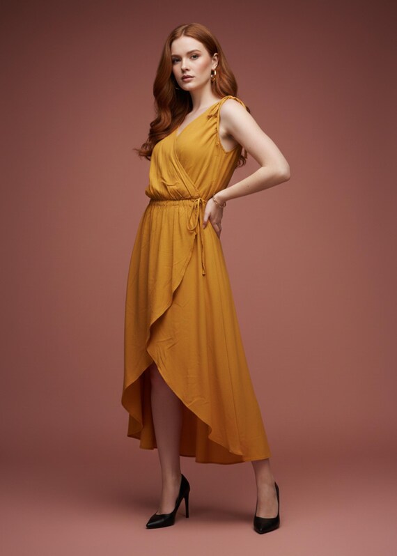 mustard yellow cotton dress Mustard Yellow Linen Maxi Dress, Sleeveless Summer Dress, Bohemian Clothing