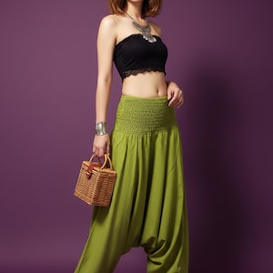 Pikalda-Gröna bomullsharembyxor: Bekväma bohemiska Aladdinbyxor med smock i midjan HCP10