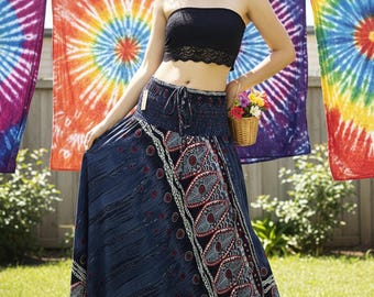Pikalda-Thai Rayon Comfy Boho Dress Skirt, Elastic Waist, Navy Blue DS80n