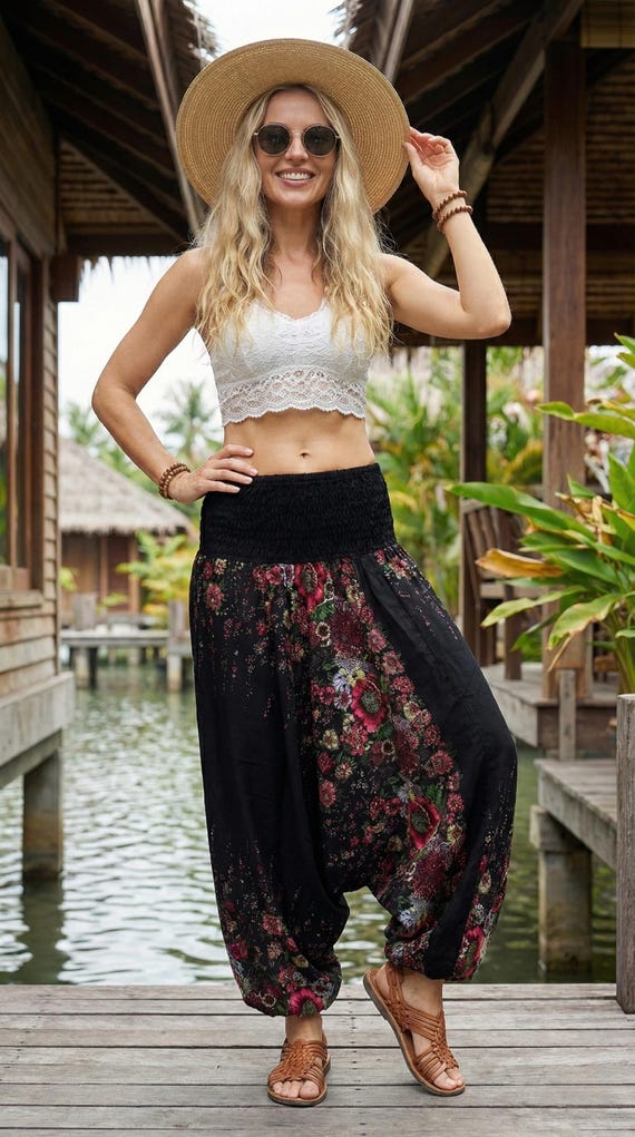 Pikalda-black Rayon Harem Pants Drop Crotch: Comfy Boho Aladdin