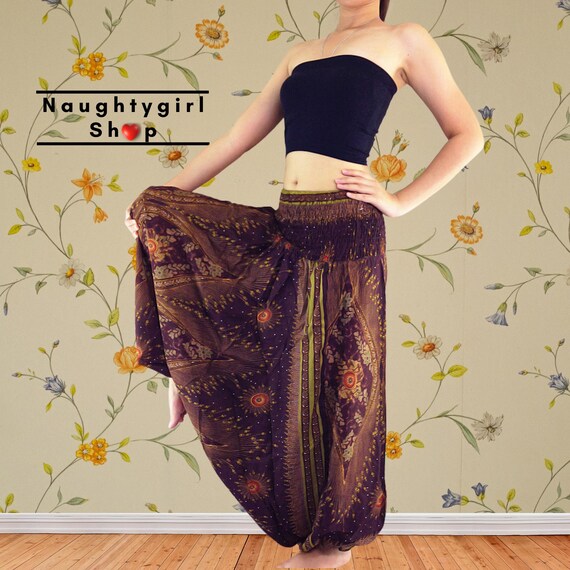 Pantalones harén tailandeses marrones para mujer, pantalones de