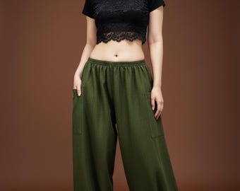 Pikalda-Olive Cotton Harem Pants with Pockets | Minimalist Trousers | Comfy Boho Loungewear Pants PT003/2