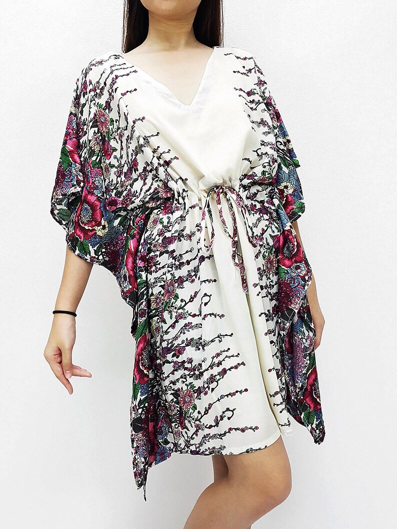 Boho Clothing Printed Wrap Tunic Cream KPS24 Mini Dress V neck Short Dress Rayon Kaftan Beach Cover Beach Kaftan Plus Size