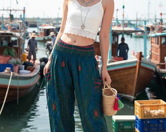 Pikalda-Teal Rayon Harem Pants: Women's Comfy Boho Yoga Trousers TS69