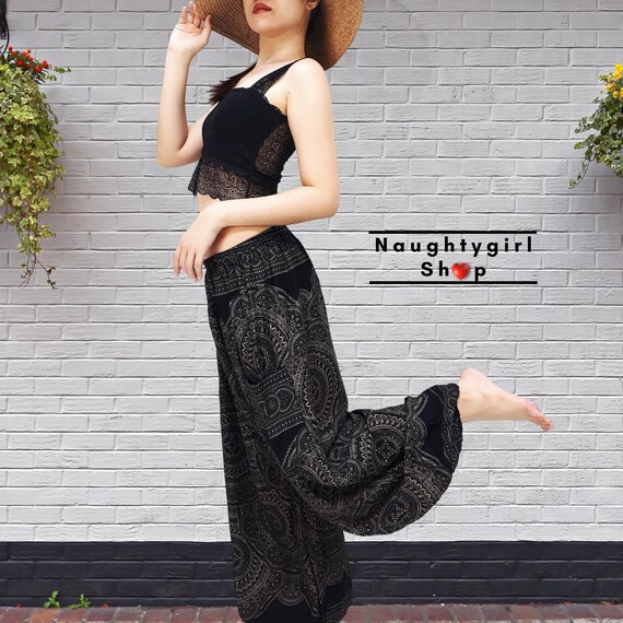 Pantalones Harem Negros, Pantalones de Yoga Boho, Pantalones Aladdin,  Pantalones Maxi Tailandeses, Pantalones Gitanos, Pantalones de Rayón,