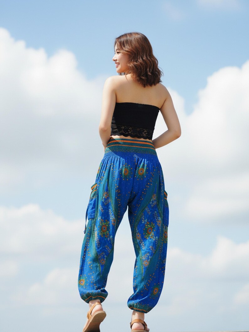 Pikalda-Blue Peacock Harem Pants: Rayon Comfy Boho Yoga Festival Wear Trouserss TS5 image 3