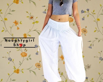 Solid White Harem Pants Women Clothing Yoga Pants Aladdin Pants Maxi Pants Baggy Pants Gypsy Pants Hippie Pants Cotton Pants Trouser (TCC0)