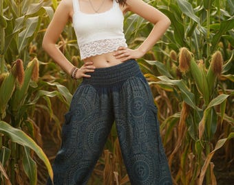 Petrol Grüne Viskose Haremshose - Mandala Print Boho Bequeme Loungewear Hose TS258