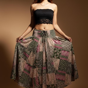 Pikalda-Pink Green Rayon Patchwork Maxi Dress: Comfy Boho Hippie Skirt DS70
