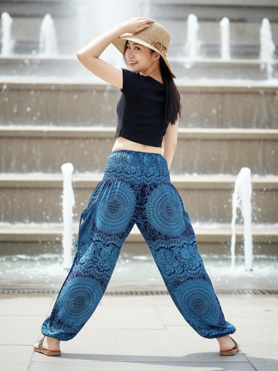 Pikalda-blue Mandala Rayon Harem Pants: Comfy Boho Thai Yoga