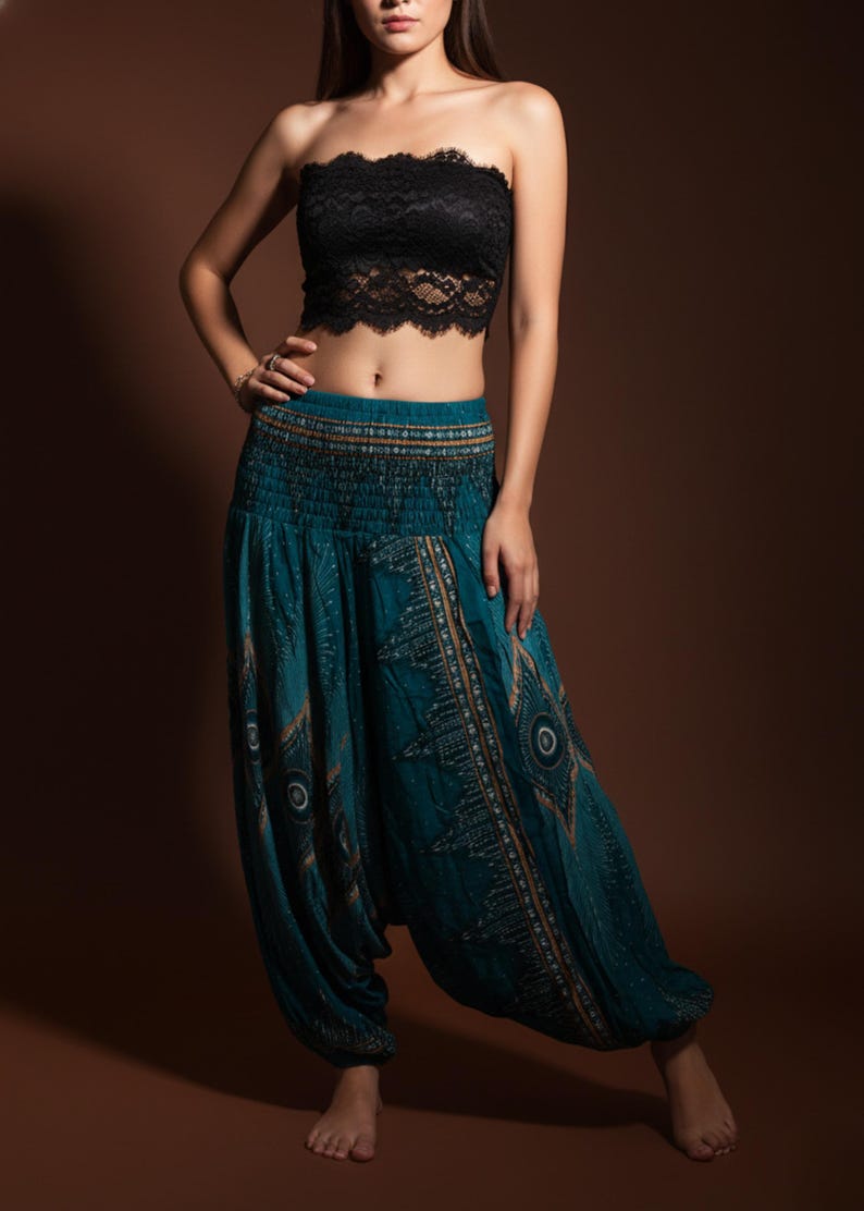 Pikalda-Peacock Rayon Harem Pants: Comfy Boho Hippie Loungewear HP28 Teal Green
