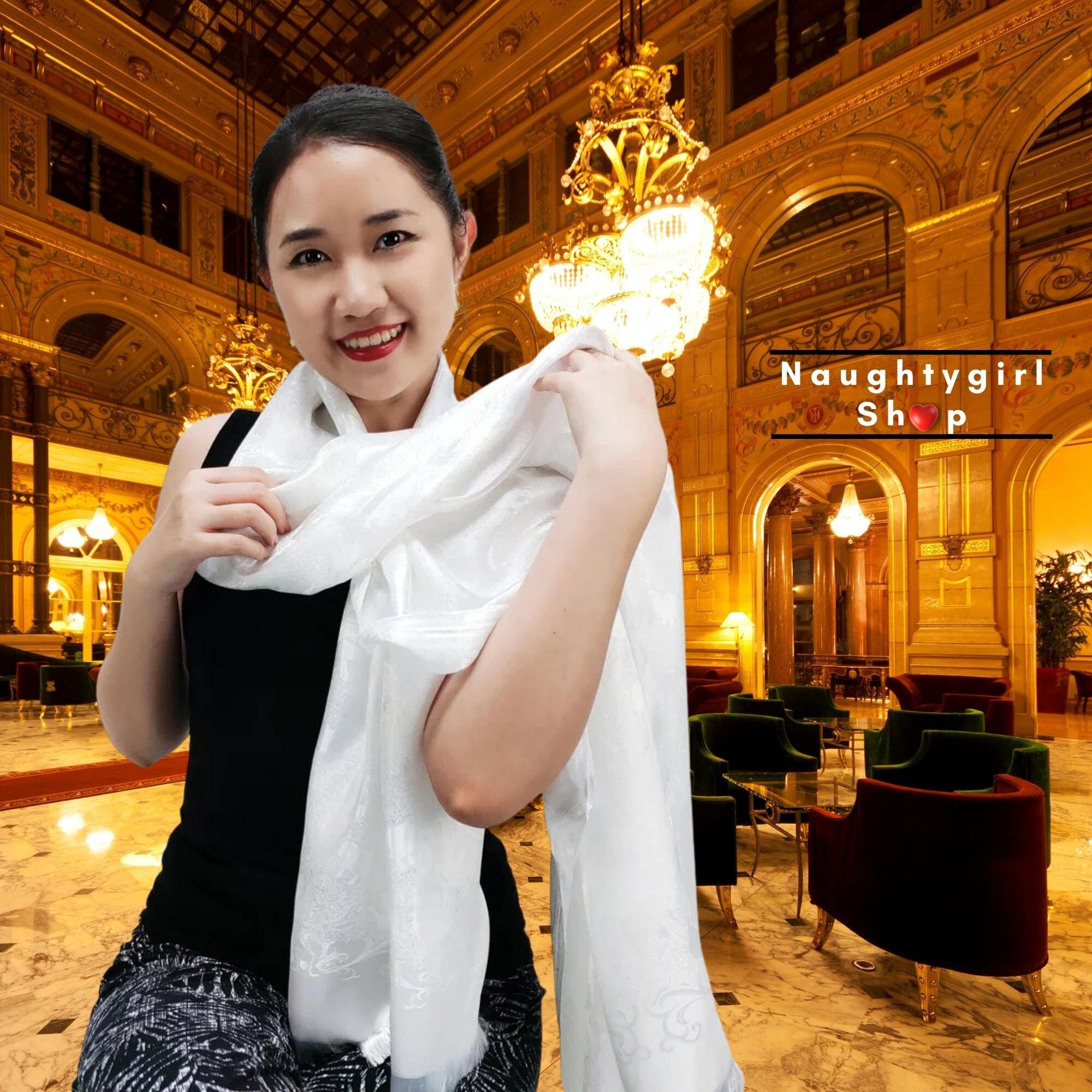 Pikalda-thai Silk Scarf: White Bohemian Elephant Print Wrap SK001