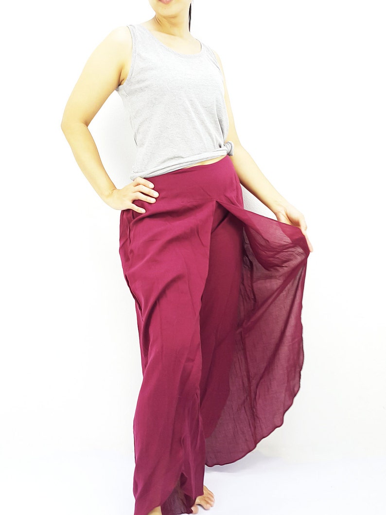 SOS2 Women Fashion Trouser Pants Maxi Trouser Cotton Trouser Comfy Trouser Open Leg Wide Leg Plain Color Solid Color Dark Red