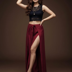 Pantalones palazzo de cáñamo rojo Pikalda / Pantalones elegantes de pierna ancha con abertura alta HWP