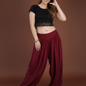 Pikalda-Mörkröda Rayon Harembyxor: Bekväma Boho Aladdin-stil, Ballongbyxor, Resår i midjan SRT02