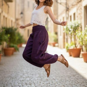Pikalda-Purple Harem Pants: Cotton Aladdin Style Trousers TCC19