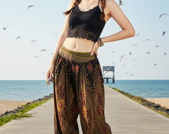 Pantalones harem de rayón marrón Pikalda: ropa cómoda de estilo bohemio Aladino para estar en casa SRT42