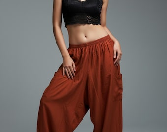 Pikalda-Solid Burnt Orange Rayon Harem Pants: Women's Comfy Boho Aladdin Trousers SRNC