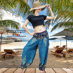 Plus Size XXL Turquoise Blue Flower Women Trouser,Thai Pants,Yoga Pants,Aladdin Pants,Boho Pants,Gypsy Pants,Rayon,Hippie Pants (TS392)