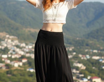 Pikalda-Black Rayon Harem Pants: Solid Color Aladdin Hippie Loungewear Pants C1