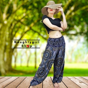 PLUS SIZE XXL Navy Blue Flower Harem Pants Women,Thai Pants,Yoga Pants,Aladdin Pants,Boho Pants,Gypsy Pants,Rayon Pants Hippie Pants (TS393)