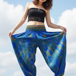 Pikalda-Blue Peacock Harem Pants: Rayon Comfy Boho Yoga Festival Wear Trouserss TS5 image 1