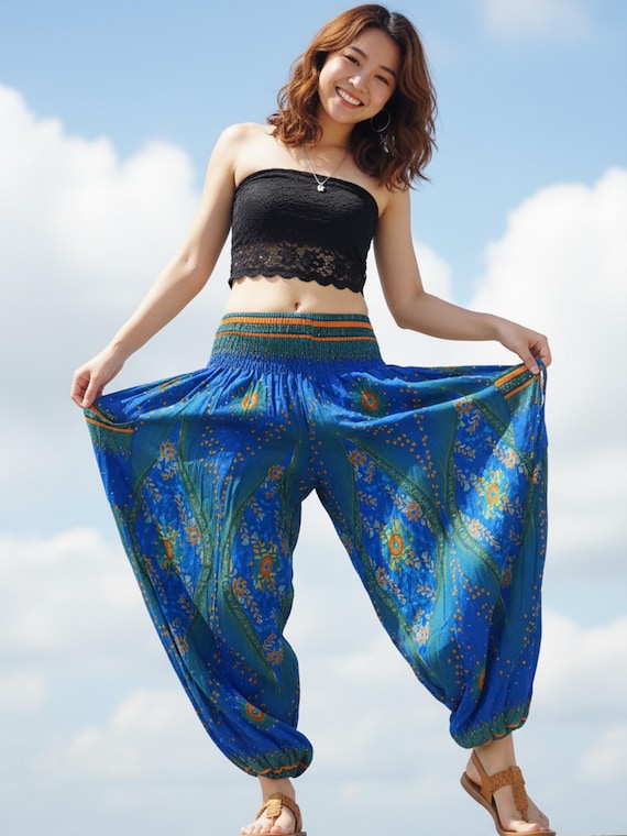 Pikalda-Blue Peacock Harem Pants: Rayon Comfy Boho Yoga Trousers TS5
