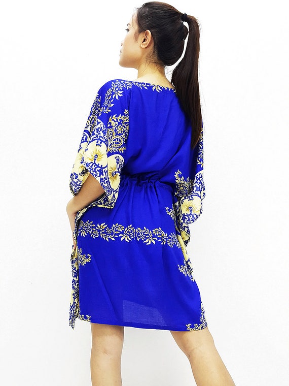 Boho Clothing Printed Wrap Tunic Cream KPS24 Mini Dress V neck Short Dress Rayon Kaftan Beach Cover Beach Kaftan Plus Size