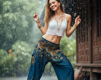 Pikalda-Floral Rayon Harem Pants: Women's Hippie Comfy Boho Loungewear Trousers